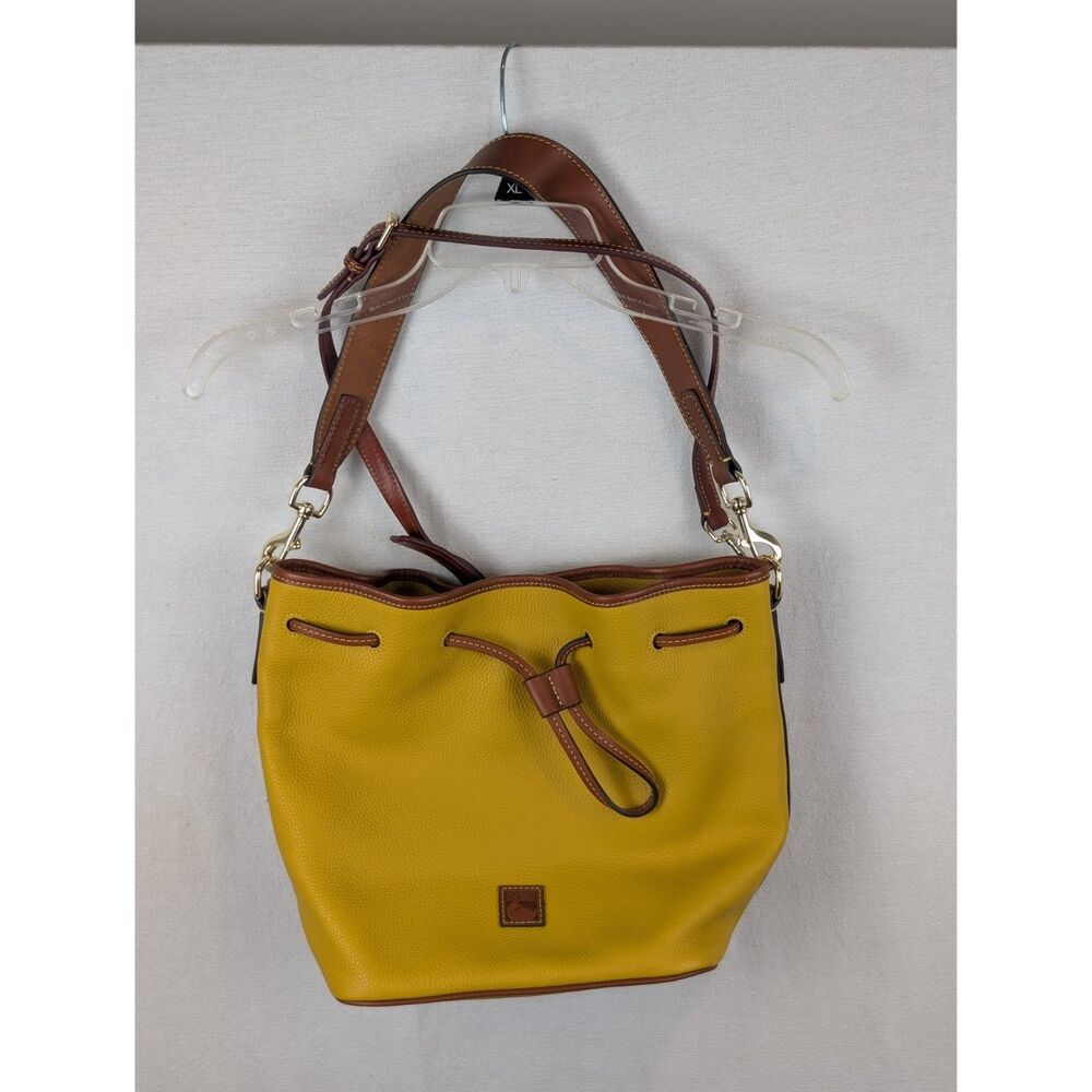 Dooney & Bourke Yellow Leather Drawstring Shoulder Bag with Brown Trim